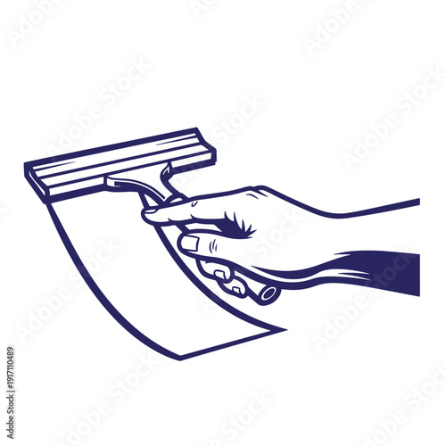 hand holding a squeegee with a long handle and rubber blade for cleaning windows and surfaces efficiently