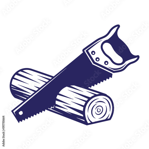 Illustration of a handsaw cutting through a log of wood  woodworking tool  hand saw