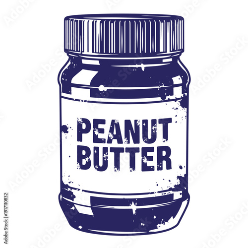 Grunge texture Vintagestyle illustration of a peanut butter jar with a screwtop lid and distressed label  classic food packaging Vintage Style