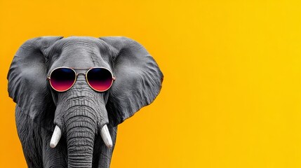 An elephant wearing sunglasses and standing in front of a yellow background. The elephant is wearing a pair of sunglasses and he is posing for a photo