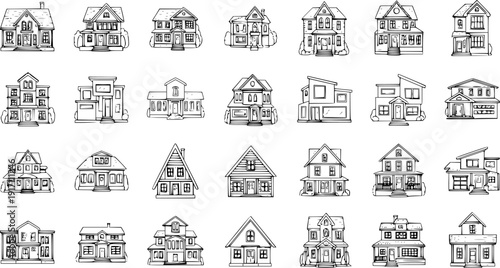 Hand-Drawn House Vector Set: Diverse Collection of Residential Buildings in Outline Sketch Style, Architectural Illustrations for Real Estate.