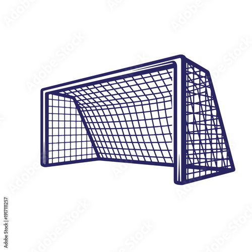 Soccer goal net with blue outline on white background for sports and football related designs