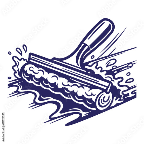 Squeegee with handle cleaning window or surface with water drops and streaks  removing dirt and liquid