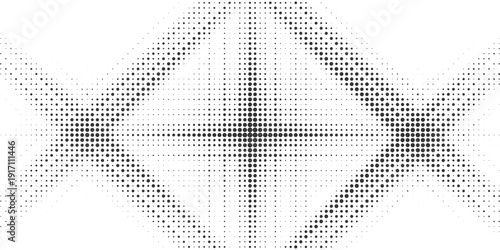 Abstract black halftone circular cross pattern background with symmetrical radial dot design, modern geometric texture on white backdrop