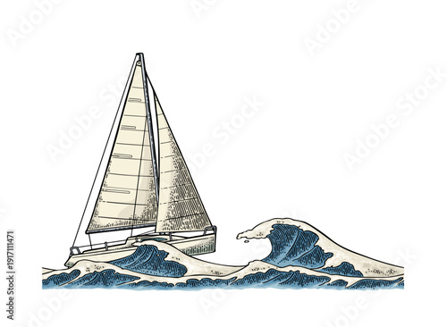 Sailing ship sails in a stormy sea with big waves. Vector vintage color engraving illustration. Hand drawn graphic style. For yacht club poster.