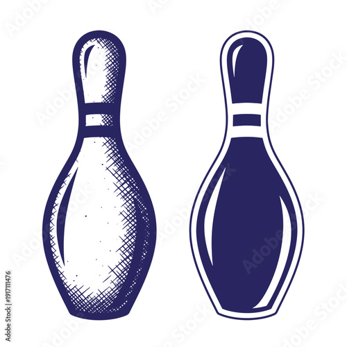 Two bowling pin illustrations in blue and white colors on white background