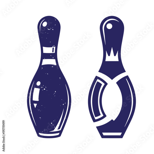 Two dark blue bowling pins with white details on white background