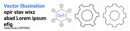 Blockchain-style network with DeFi central node connected to smaller hexagons, accompanied by two outlined cogwheels. Ideal for fintech, decentralization, innovation, teamwork, technology