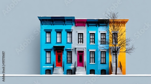 A row of colorful buildings with a tree in front. The buildings are painted in different colors, and the tree is in front of the yellow building. The scene has a vibrant and lively mood