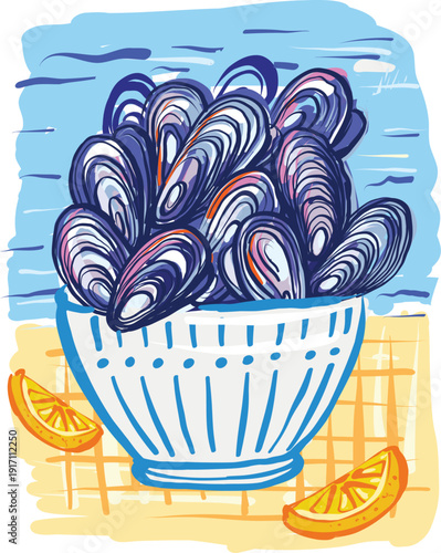 Decorative mussels in bowl illustration seafood vector