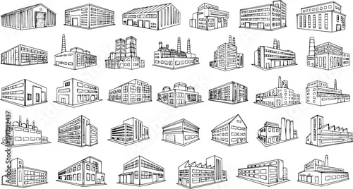 Hand-drawn collection of diverse industrial and commercial buildings. Sketched line art illustrations of factories, offices, and warehouses in isometric perspective.