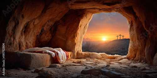 Easter morning dawns over the empty tomb symbolizing the resurrection of Jesus Christ in a serene landscape