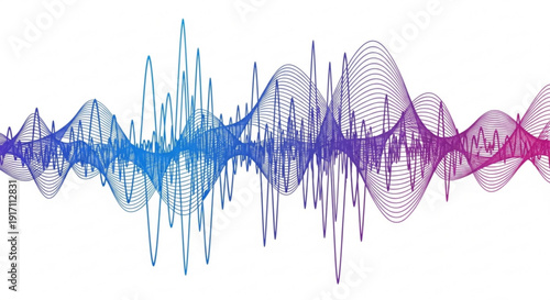 A colorful vector graphic illustration of a sound wave in blue, purple, and pink hues on a white background