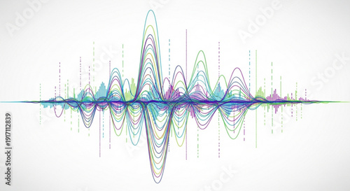 A colorful vector graphic illustration of a sound wave design with multiple oscillating lines in various colors on a white background