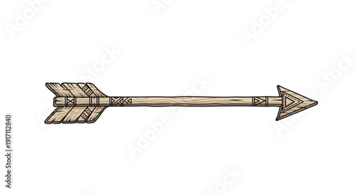 A vector graphic illustration of a wooden arrow with tribal designs on a white background