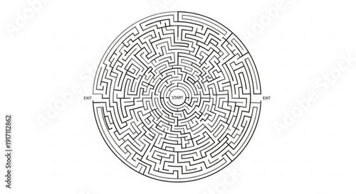 A circular maze with a complex path and multiple turns in a simple black and white design