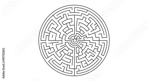 A circular maze illustration with a complex path design in a minimalist style