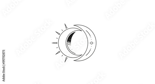 A minimalist vector graphic illustration of a crescent moon and sun in a circular design