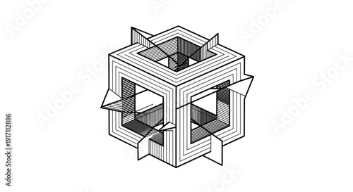 A minimalist vector graphic illustration of a complex geometric cube design