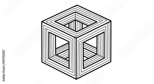 A minimalist vector graphic illustration of a cube with a paradoxical impossible geometry design