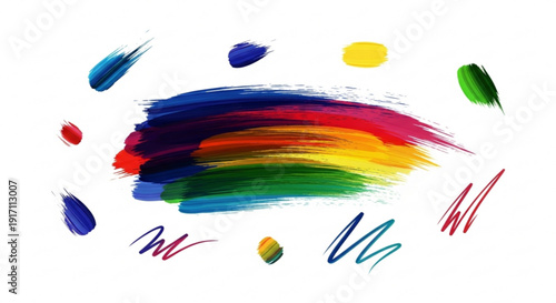 A colorful abstract vector graphic illustration of rainbow paint strokes and swirls on a white background