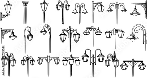 Hand-drawn sketch collection of vintage street lights and lampposts, featuring various outdoor lighting designs and architectural elements.