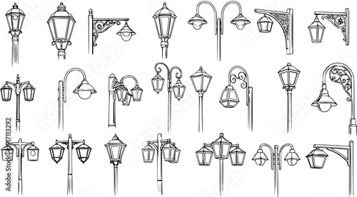 Hand-drawn set of vintage street lamps, lampposts, and classic outdoor lighting fixtures in black and white line art. Architectural and decorative light designs.