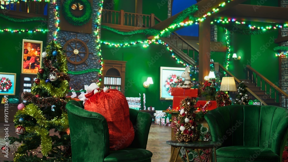 Fototapeta premium Christmas ornaments in room with presents, stockings, fireplace and other holiday props. Decorations in Santa Claus workshop bringing sense of magic during holidays, panning shot