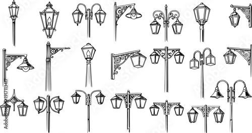 Vintage Streetlights and Lanterns Sketch Collection: Hand-Drawn Outline Icons of Classic Outdoor Lamps, Poles, and Brackets for Urban and Garden Design