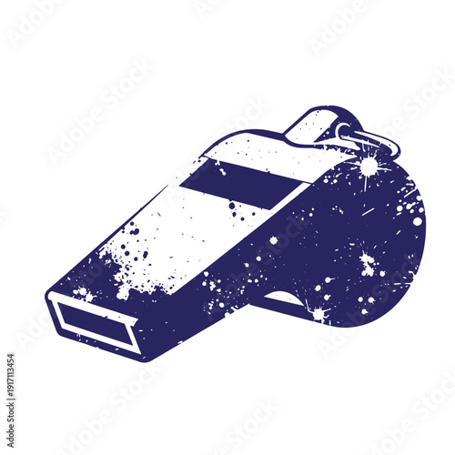 Grunge texture Blue whistle with white splatters and grunge effect on white background  sports and referee signal tool Vintage Style