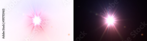 Bright light flare explosion with lens flares and starburst effect on dark background