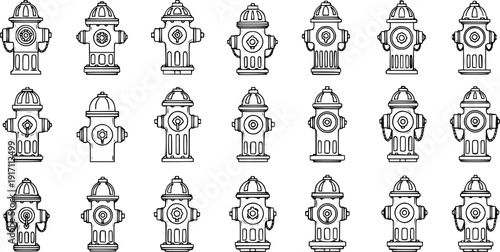 Collection of different fire hydrant vector outline icons. Set of various vintage and modern street fireplugs line art illustrations isolated on white background.