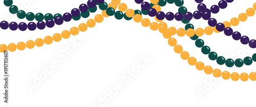 Mardi Gras bead garlands in purple, green and gold hanging along the top, leaving white space below for text, perfect for carnival party invitations and festive banners