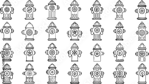 Collection of 35 diverse fire hydrant vector outlines. Set of black and white line art icons and symbols, illustrating various styles for emergency and urban design projects.