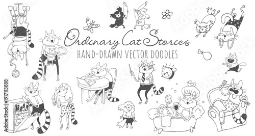 Doodle hand drawn cartoon cat characters, tattoo style storybook clipart set
