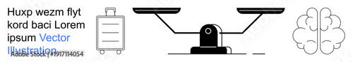 Decision-making, balance, justice, knowledge, travel, life choices. Black balance scale, brain outline luggage icons. Decision-making and balance concepts with symbolic elements