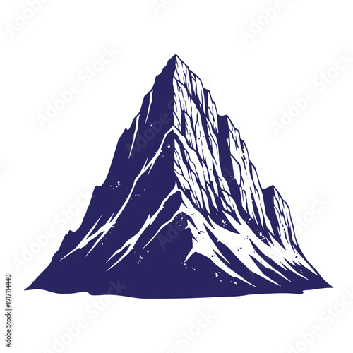 Grunge texture Mountain peak illustration with snow and rugged terrain in dark blue and white colors  a stylized drawing of a mountain with snow patches and rocky surface Vintage Style
