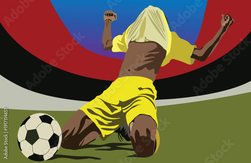 The player celebrates after scoring a goal by kneeling and covering his face with his shirt..eps