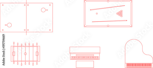 Luxury entertainment collection featuring billiard table, table tennis, foosball, and grand piano symbols for floor plans.