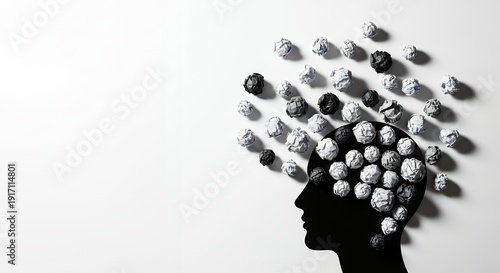 Silhouette of a head with crumpled paper bursting out of the brain