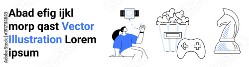 Entertainment, gaming, leisure, streaming technology, media, hobbies. Features chess knight, game controller popcorn person holding smartphone. Entertainment and gaming concepts