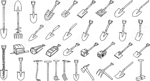 Hand-drawn sketch collection of various digging, gardening, and construction tools including shovels, spades, forks, axes, and other manual implements.