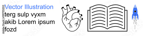 Science education, anatomy analysis, medical studies, knowledge sharing, innovation, learning tools. Heart line drawing with open book and a rocket icon. Science education and anatomy analysis