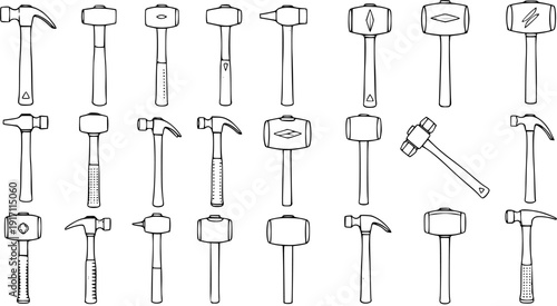Diverse Set of Hand-Drawn Hammer Tools Vector Illustration: Line Art Collection of Various Mallets, Claw Hammers, and Sledgehammers