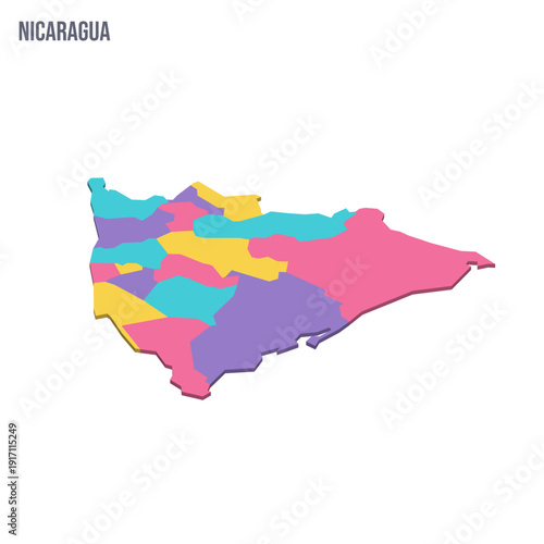 Nicaragua political map of administrative divisions - departments and autonomous regions. Colorful isometric blank vector map.