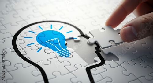 A person placing a jigsaw puzzle piece into a puzzle with a lightbulb inside a head shape