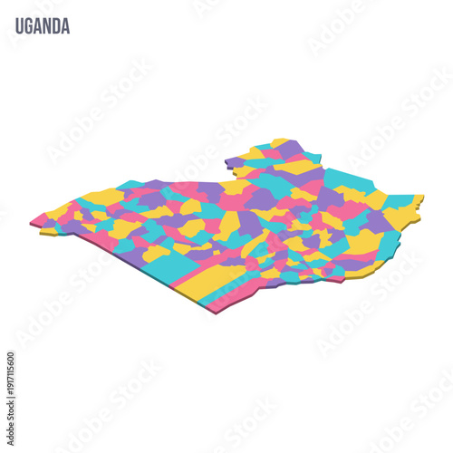 Uganda political map of administrative divisions - districts. Colorful isometric blank vector map.
