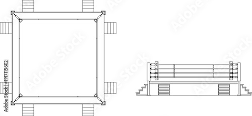 Professional boxing ring and combat sports arena equipment featuring top view plan and side elevation view for gym design.