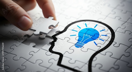 A hand placing the final piece of a jigsaw puzzle forming a human head with a lightbulb symbolizing an idea