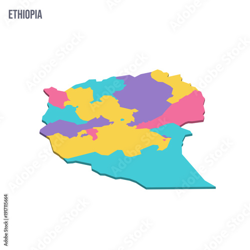 Ethiopia political map of administrative divisions - regions and chartered cities. Colorful isometric blank vector map.